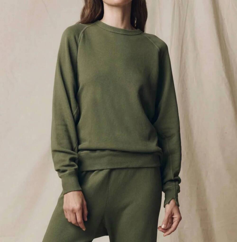 NEW THE GREAT. college crew neck long sleeve sweatshirt in heritage army